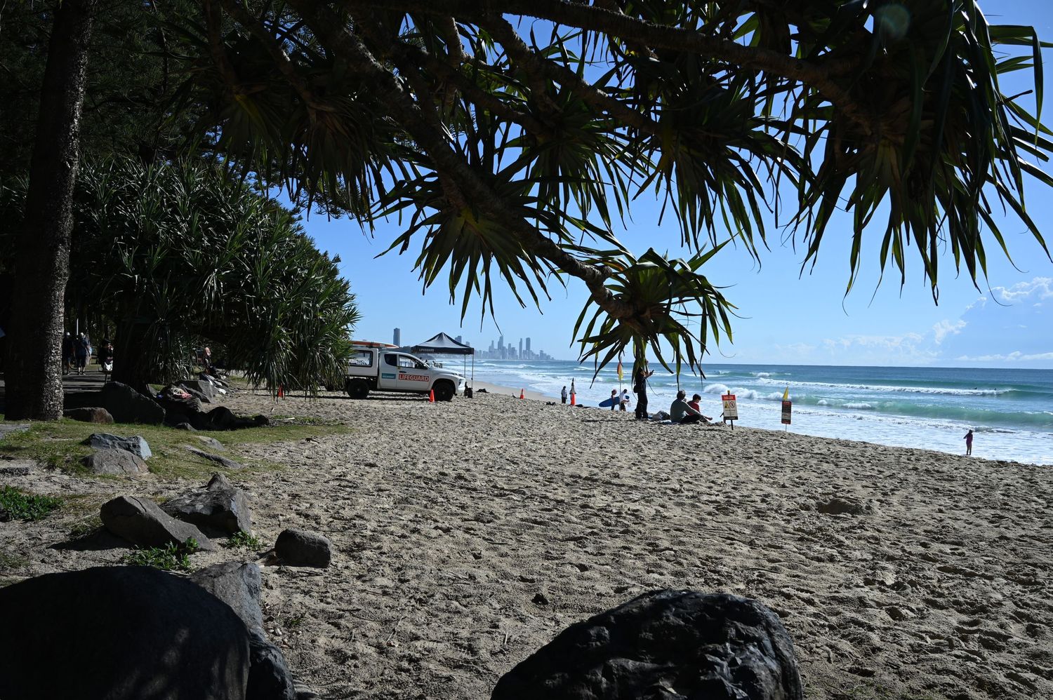 Sunny beach scene with palm trees, golden sand, calm waves, and people relaxing near the ocean on a clear blue sky day.