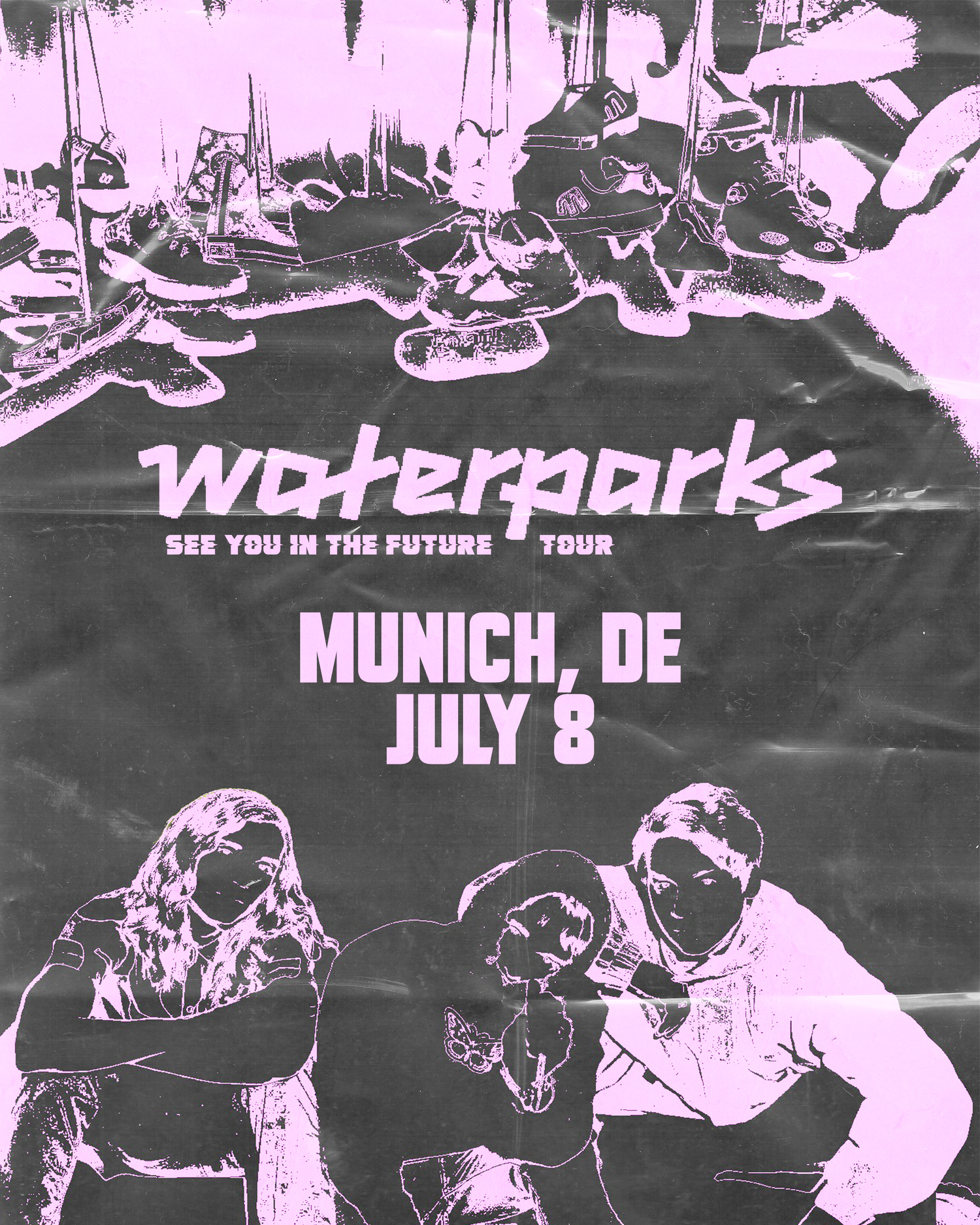 Concert poster for Waterparks 'See You In The Future Tour' showing July 3 date in Munich, DE with a pink and black design.