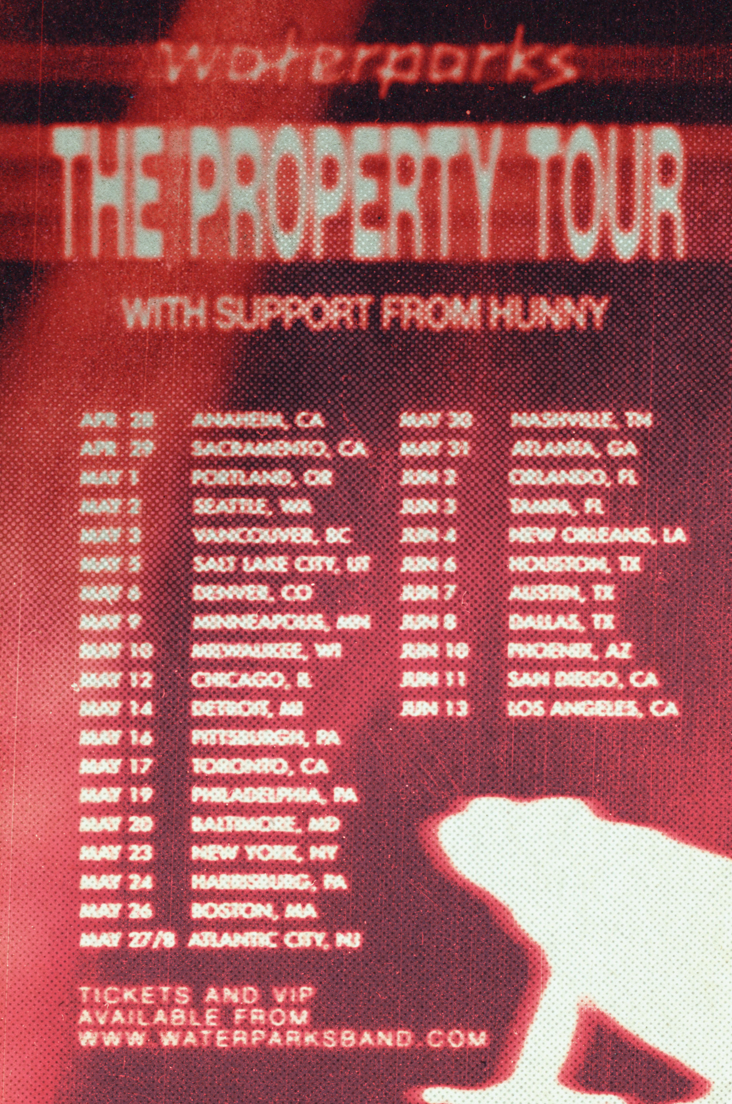 Concert tour poster for The Property Tour by Waterparks with support from HUNNY showing 2024 North American tour dates.