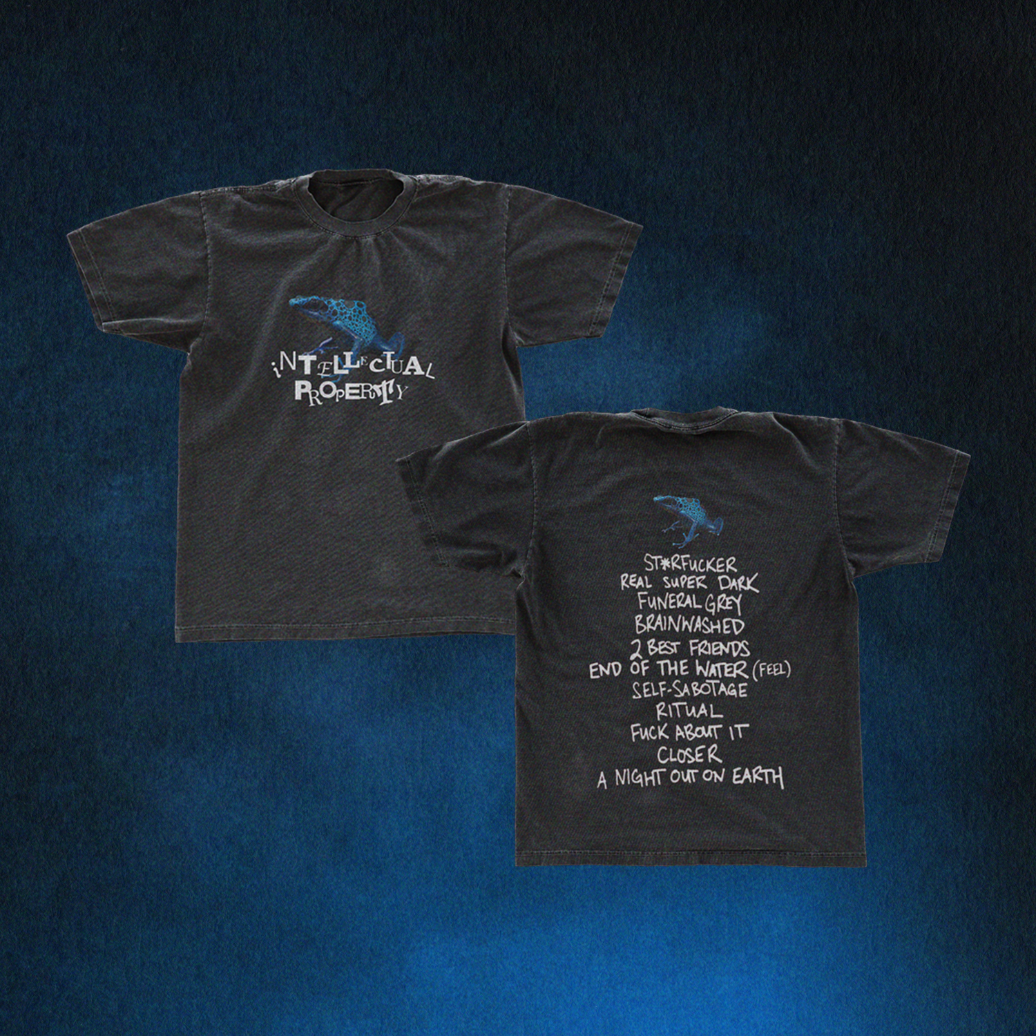 Black t-shirt design showing front and back views with custom graphic text against a dark blue background.