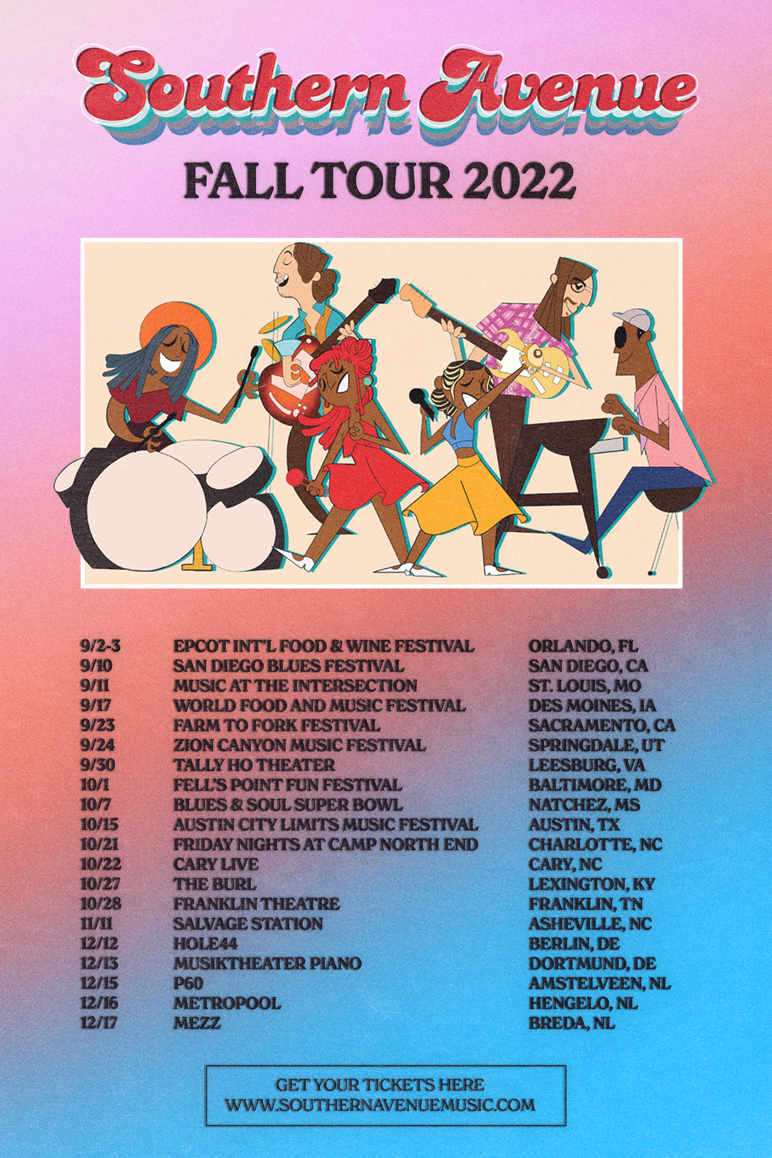 Illustrated tour poster for Southern Avenue's Fall 2022 tour showing animated band members performing on pink background.