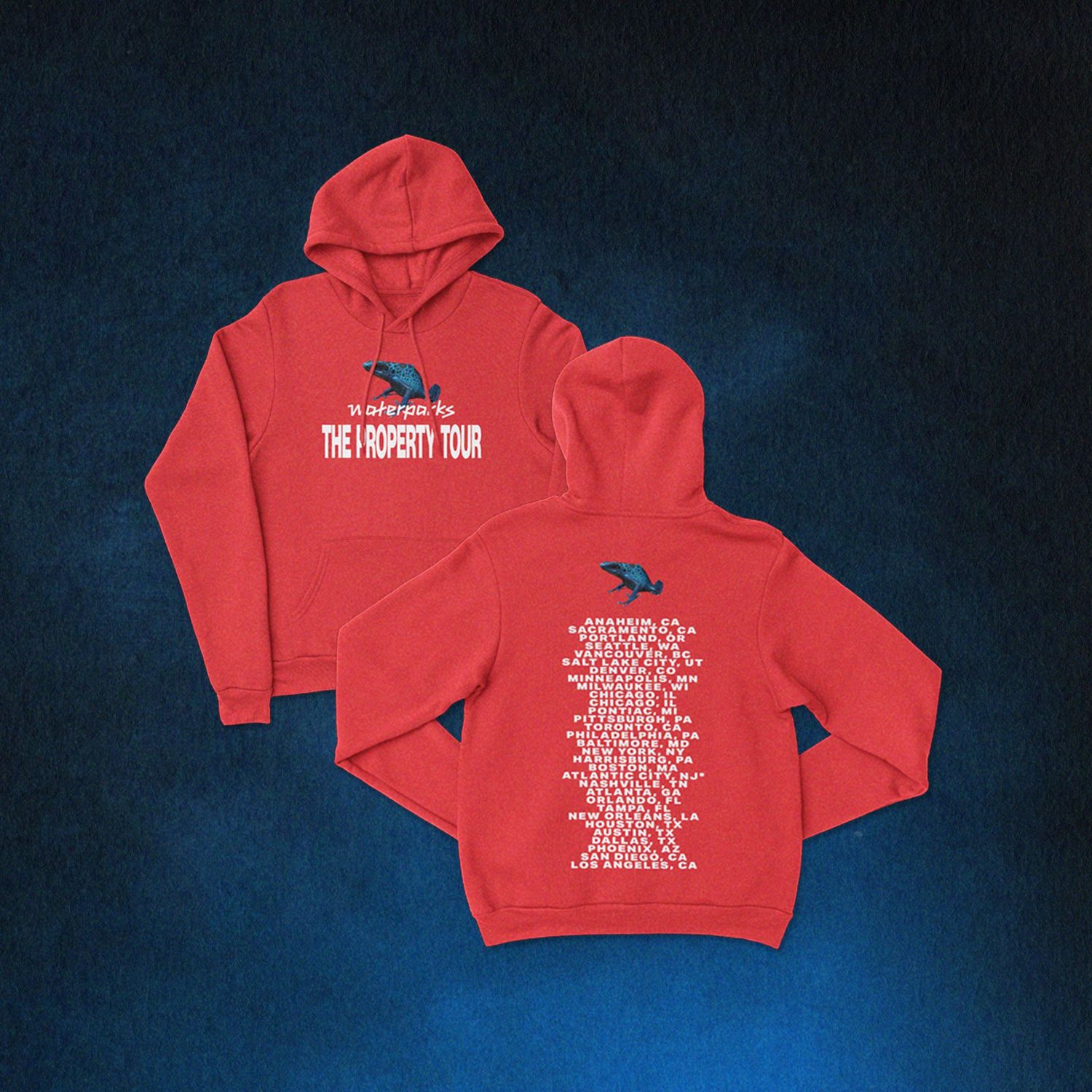 Red hoodie sweatshirt with tour merchandise design showing front and back views against dark blue background.
