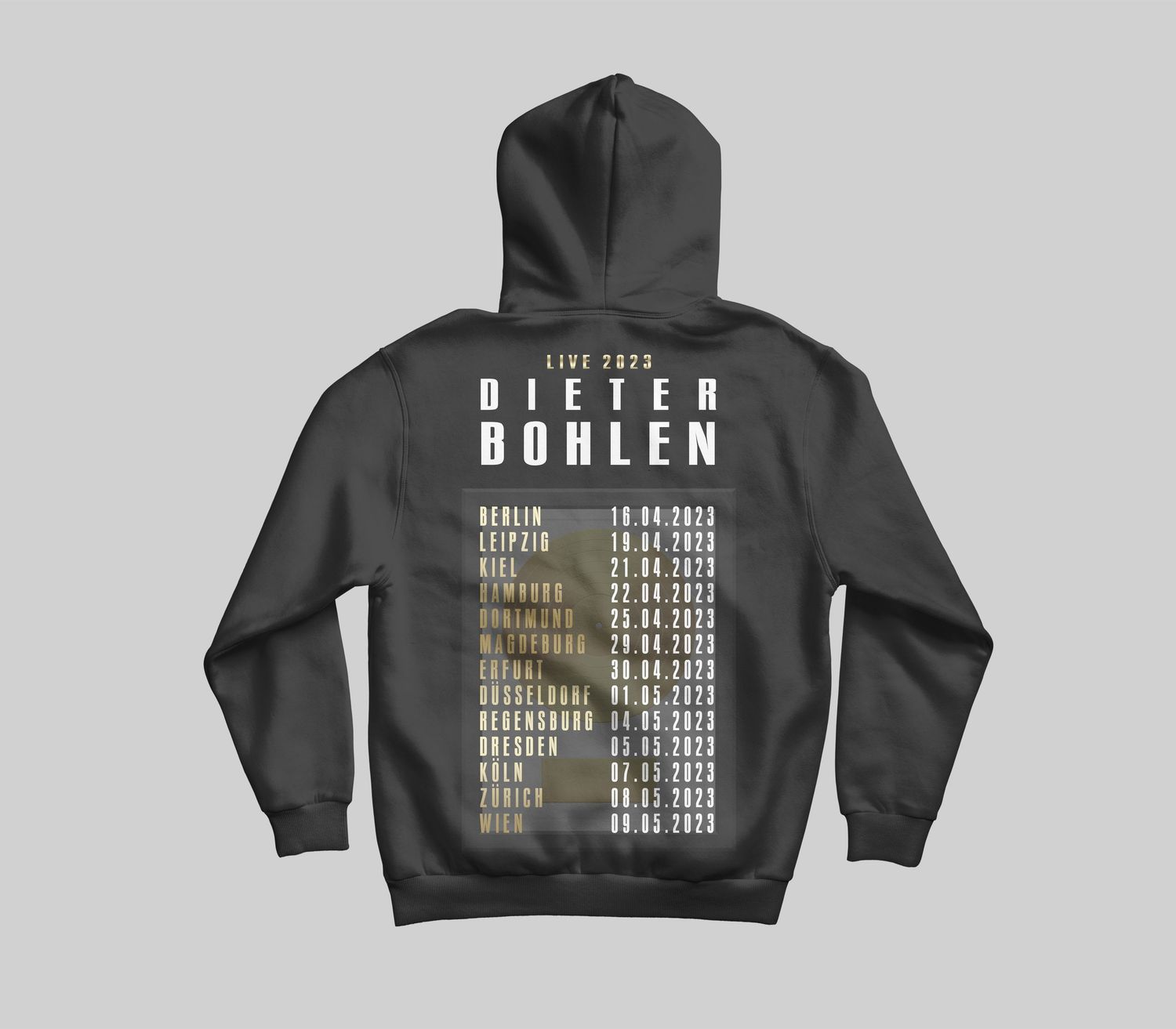 A black hooded sweatshirt with 'Better Bohlen' text and tour date graphics printed on the back.