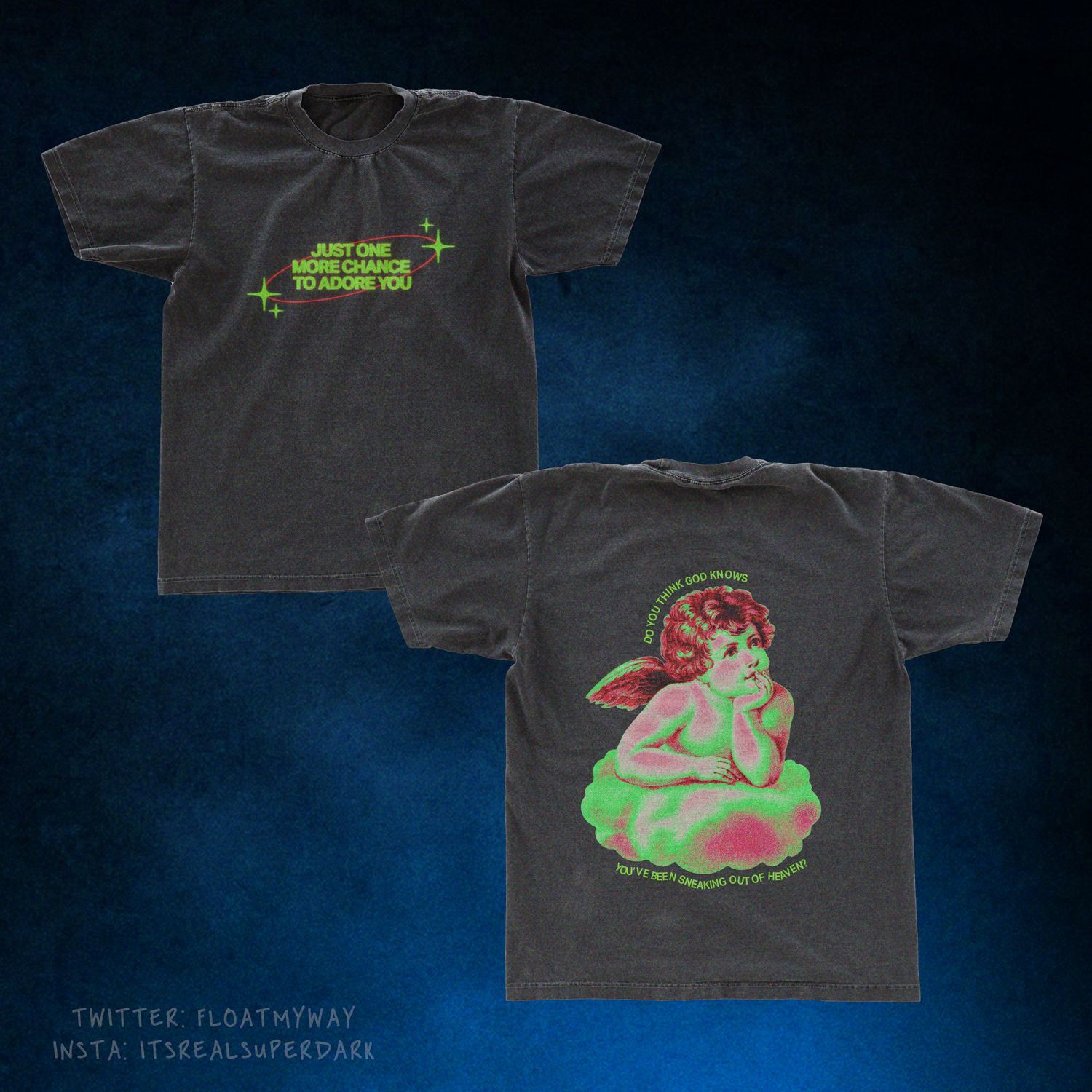 Gray t-shirt with neon green text design on front and decorative cherub illustration on back.