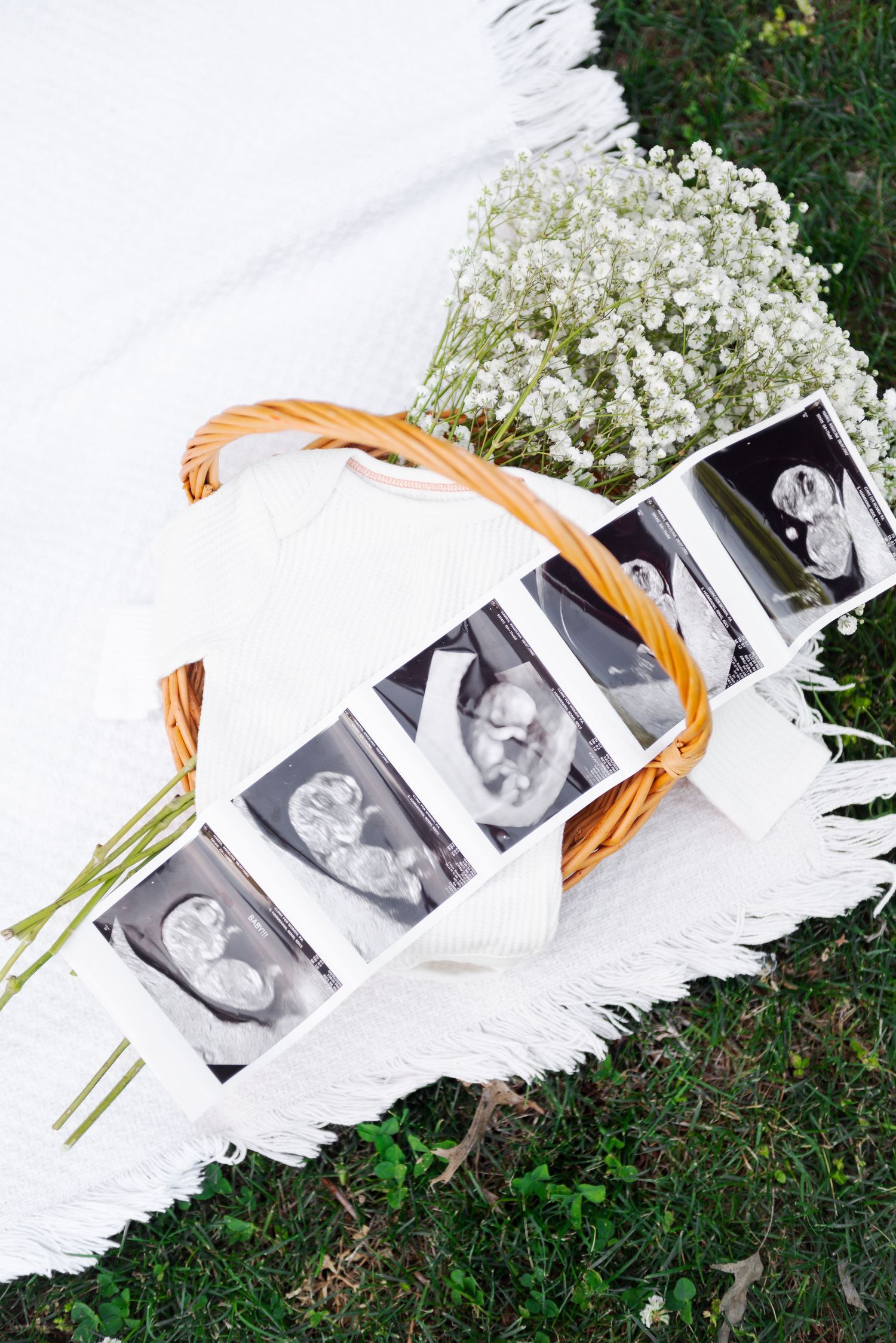 Ultrasound photos displayed in wicker basket with baby's breath flowers on white blanket for pregnancy announcement.