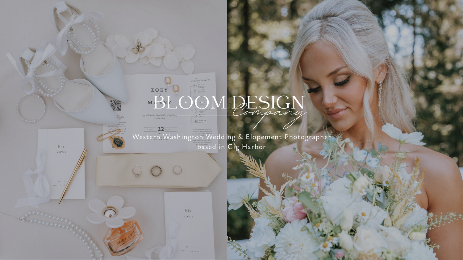 Bloom Design Co branding with bridal details including white heels, rings, and a blonde bride holding a white floral bouquet.