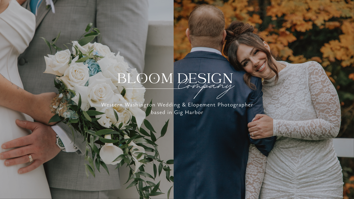 Bloom Design Co split image showing white bridal bouquet close-up and couple embracing in autumn foliage.
