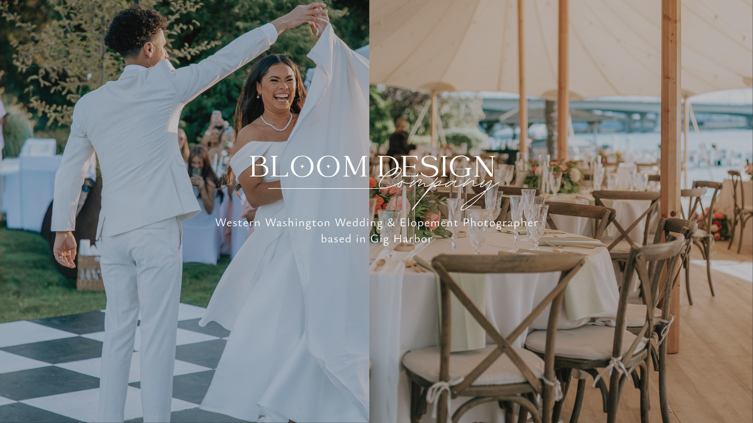 Bloom Design Co wedding couple dancing on checkered floor beside a white tent reception venue.