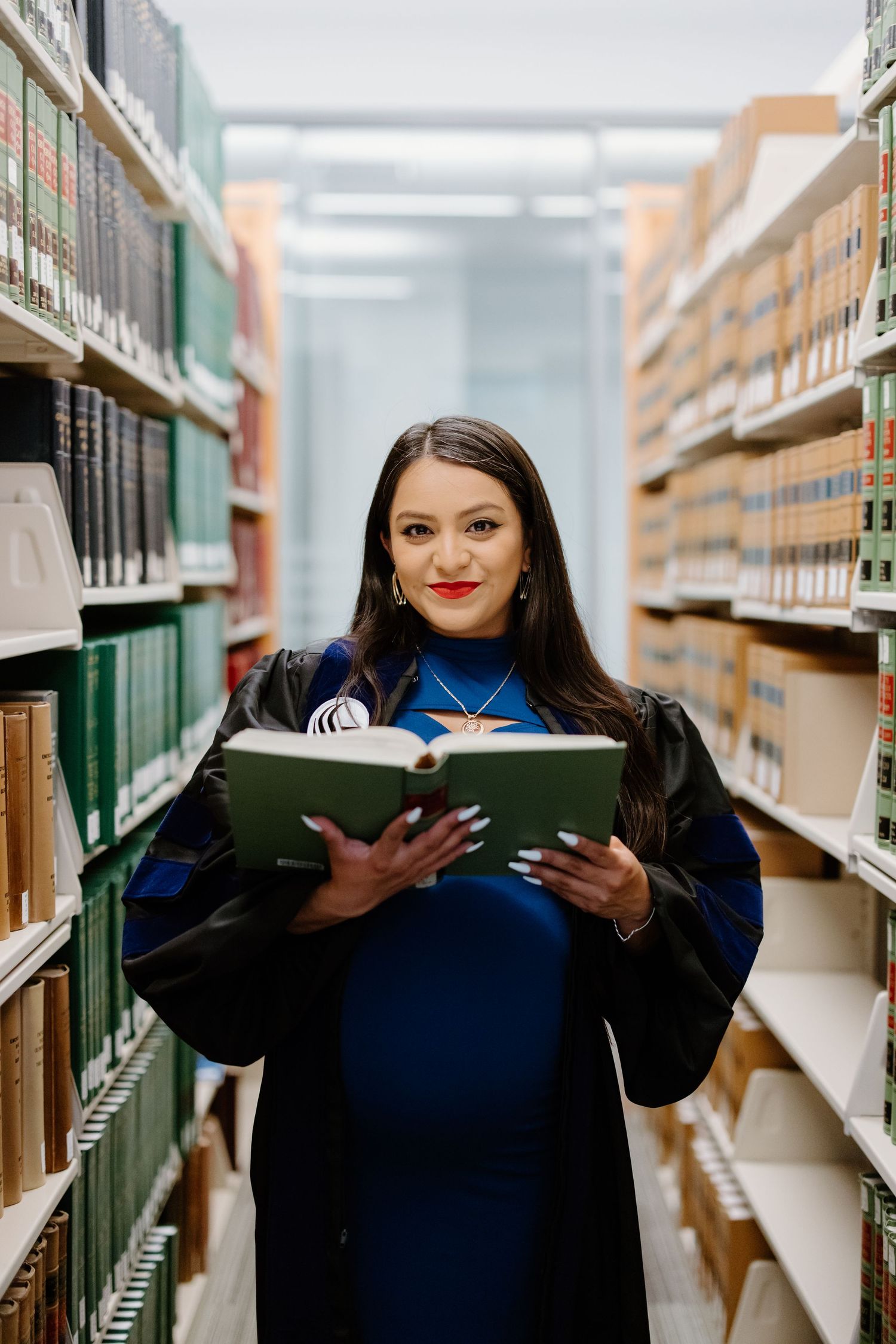 Library patron in blue sweater browsing books between shelves, shown in multiple sequential study images.