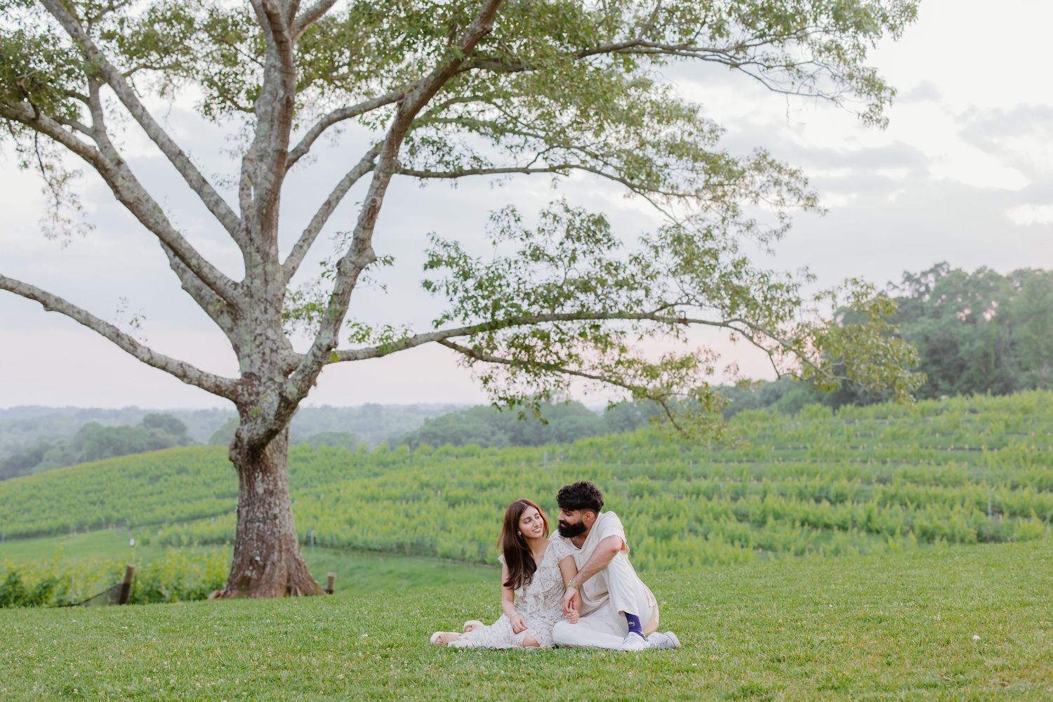 Two people enjoy a romantic picnic on a grassy hilltop overlooking green fields and trees under cloudy skies.