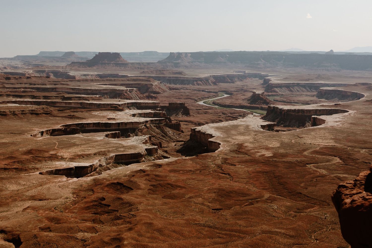 Scenic aerial view of winding canyons and mesas in Canyonlands National Park, Utah against a hazy desert landscape.