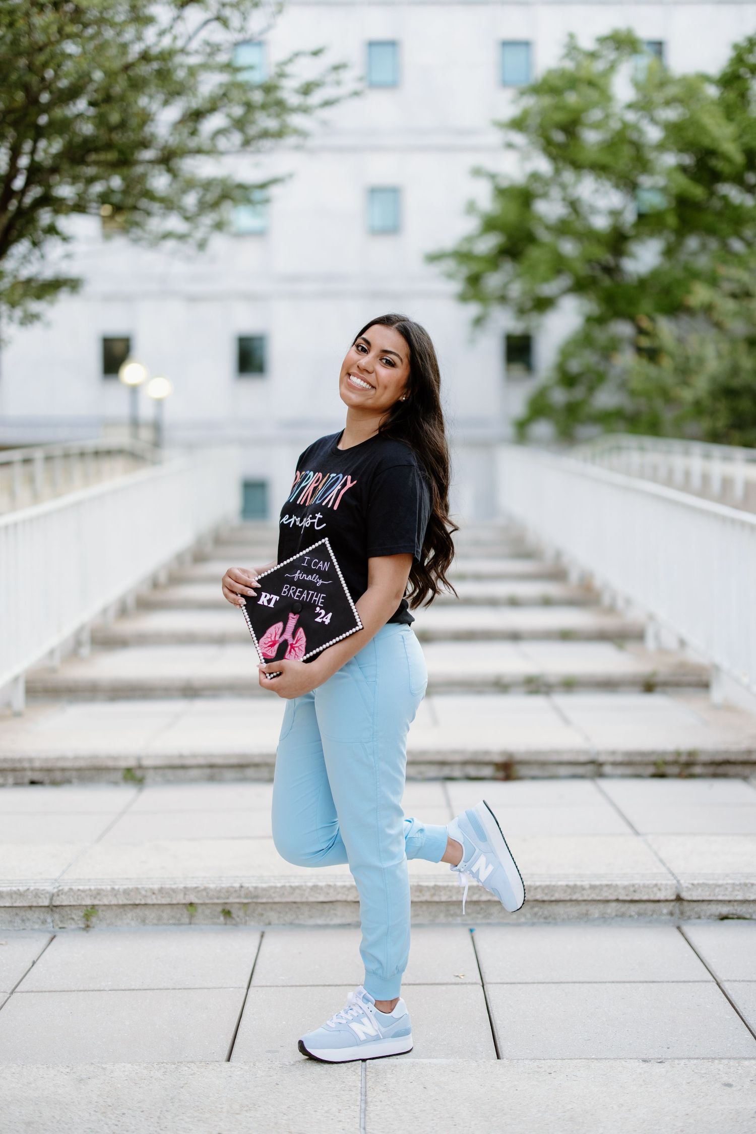 A dynamic photo series showing a person in light blue pants and black t-shirt posing playfully on outdoor steps.