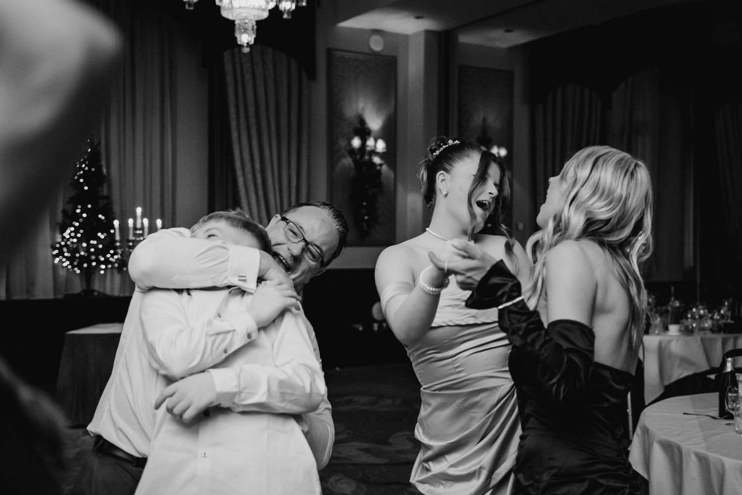 Black and white photos of wedding reception dancing and celebrations. Wedding photographer dublin