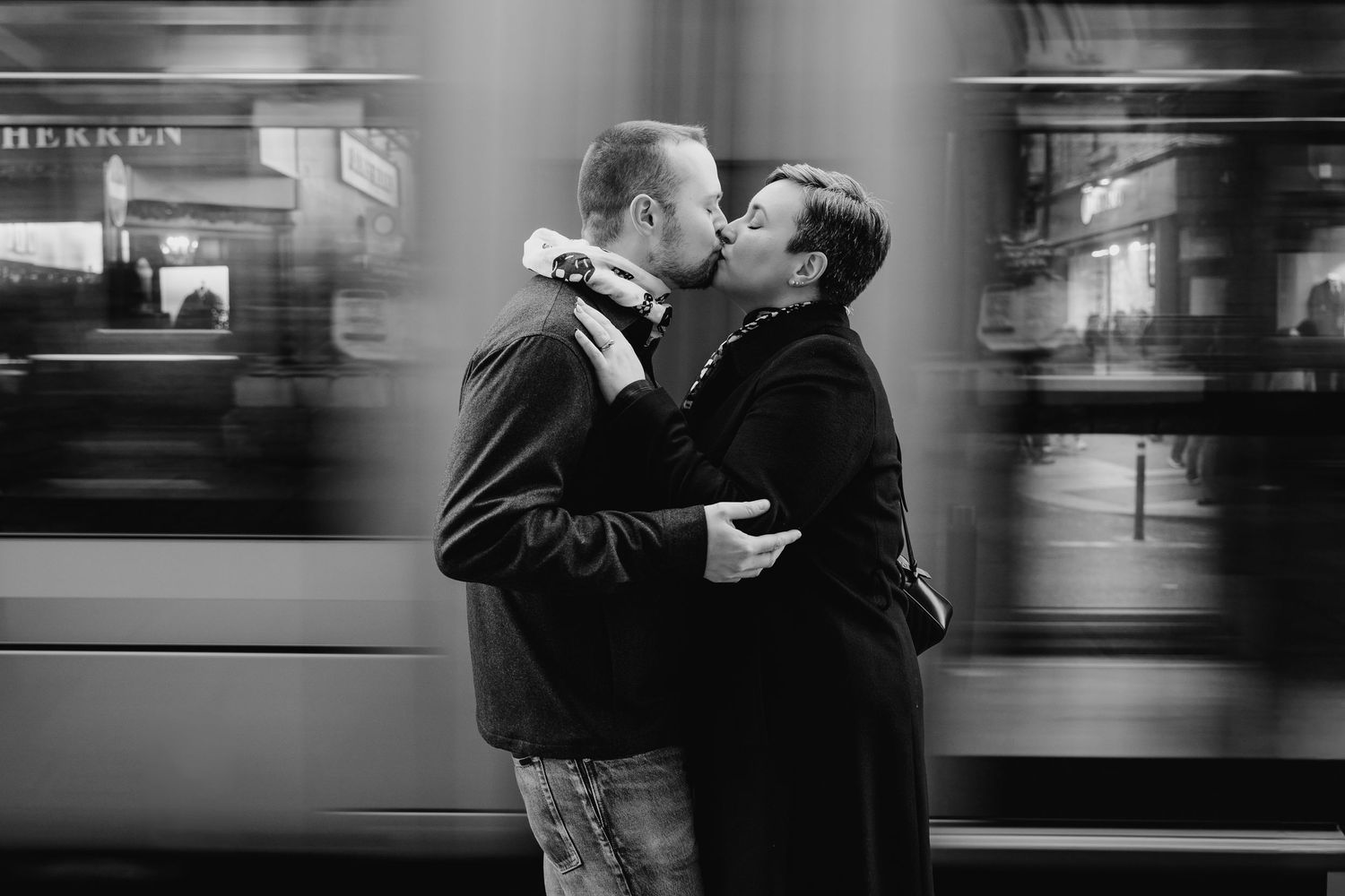 Black and white series capturing intimate moments in urban transit setting. family PHOTOGRAPHER Dublin