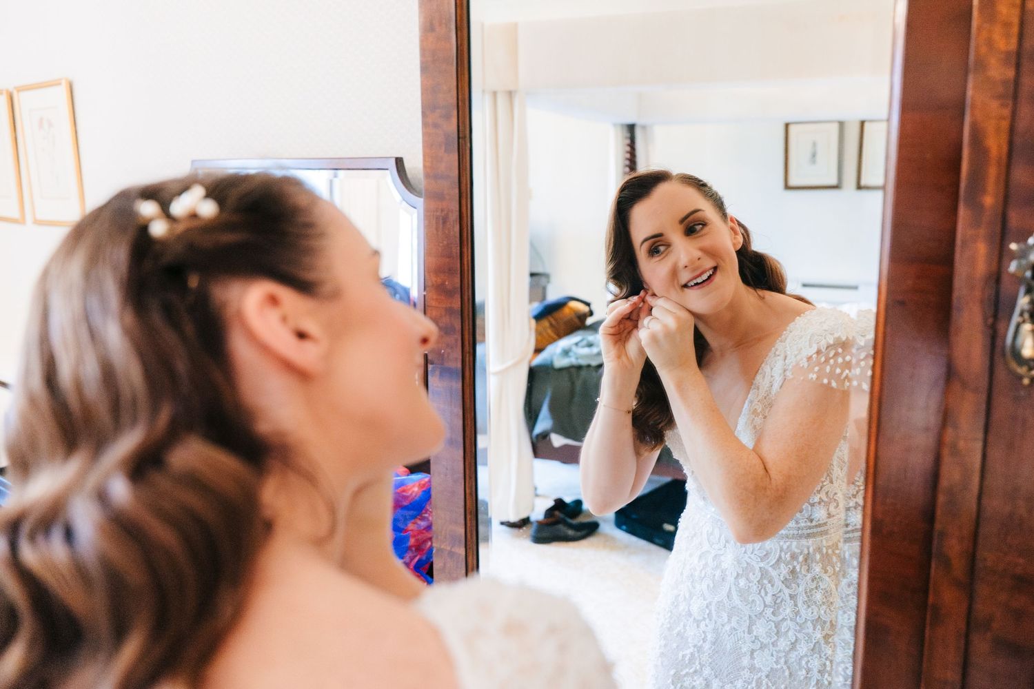 A collage of wedding preparation moments showing details of dress, hair styling and makeup application in soft natural light.