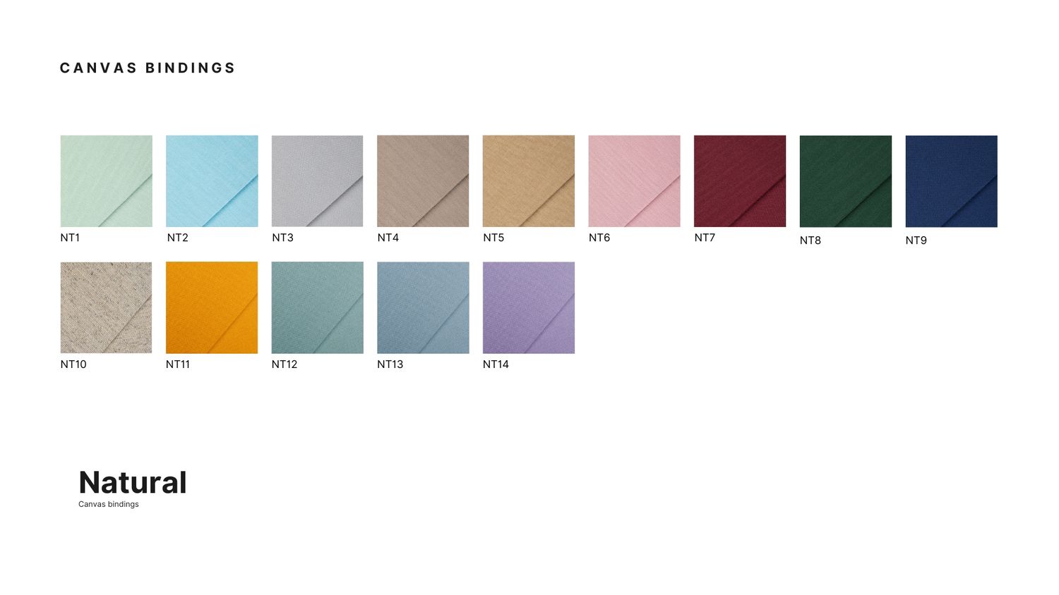 Color swatch chart displaying canvas binding options in neutral, pastel, and bold tones including greens, blues, pinks, and yellows.