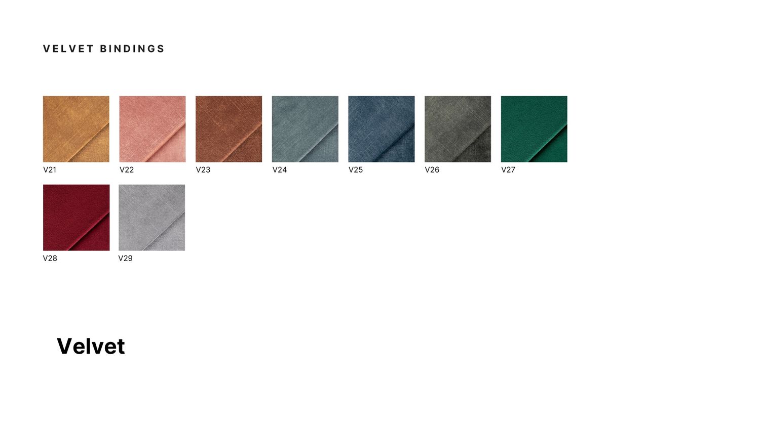 Velvet binding swatches in multiple colors including blush, coral, teal, slate, and forest green for bookbinding.