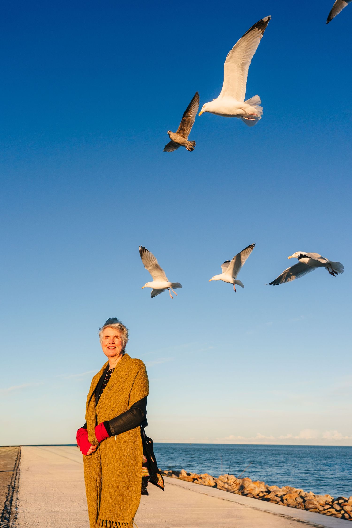 Seagulls fly overhead as yellow scarf flows in ocean breeze. professional headshots branding photographer dublin ireland