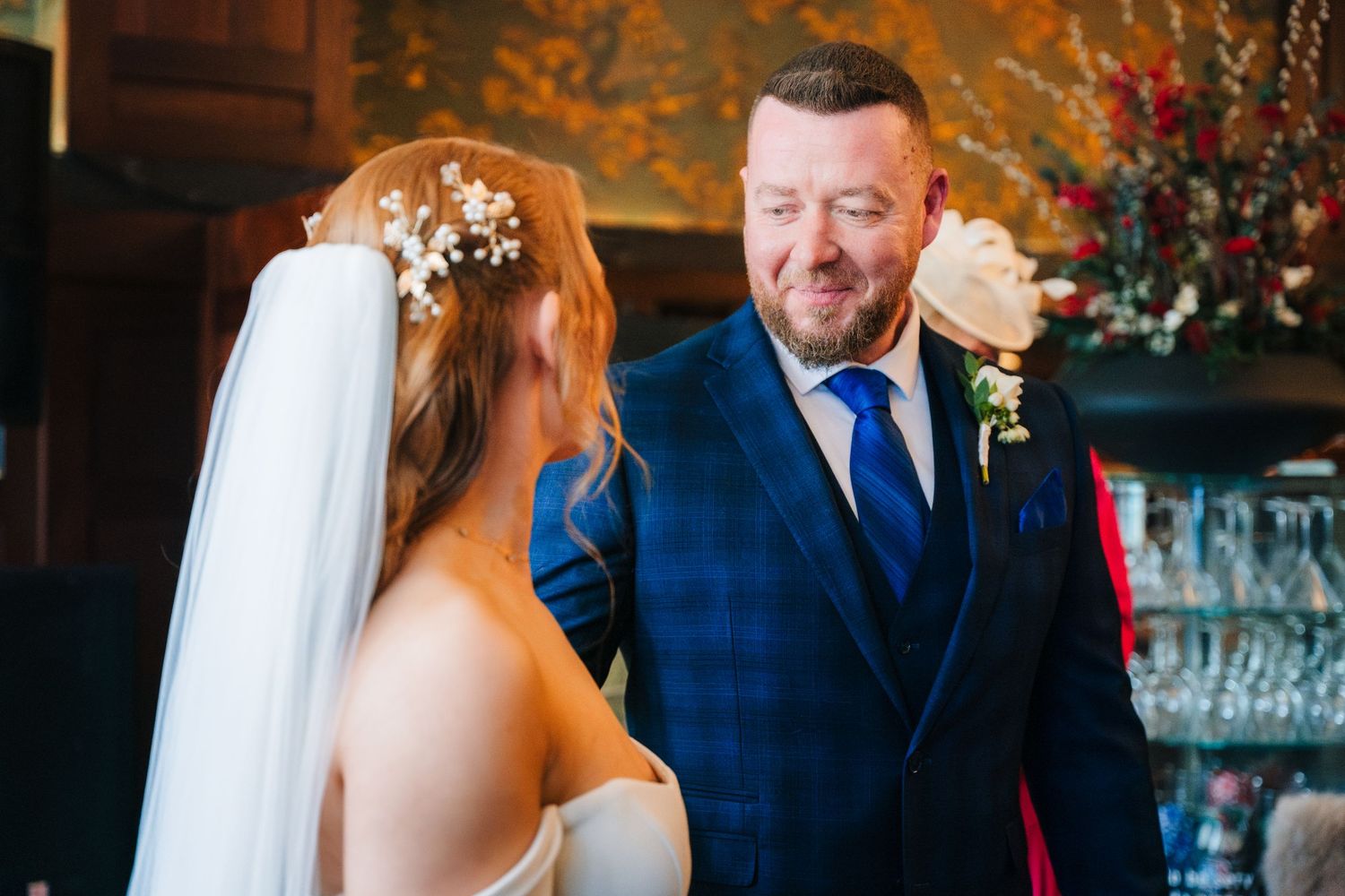 Wedding celebration at a venue with autumn decorations and festive lighting. Dublin wedding photogrAPher Bewleys Grafton