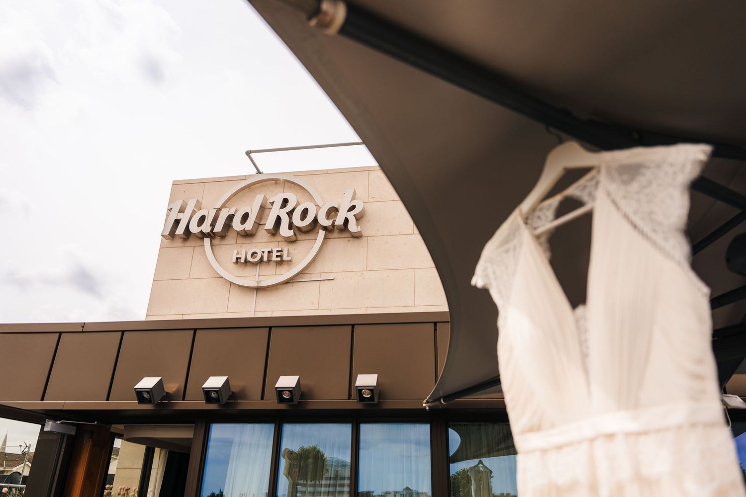 Exterior view of Hard Rock Hotel building with modern architectural features. PHOTOGRAPHER Dublin Ireland Wedding
