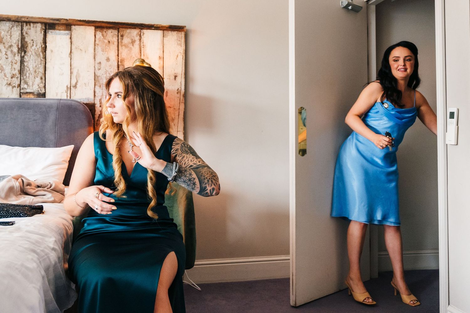A series of lifestyle photos featuring someone in a blue dress posed in various casual indoor settings. House Dublin Wedding Photographer