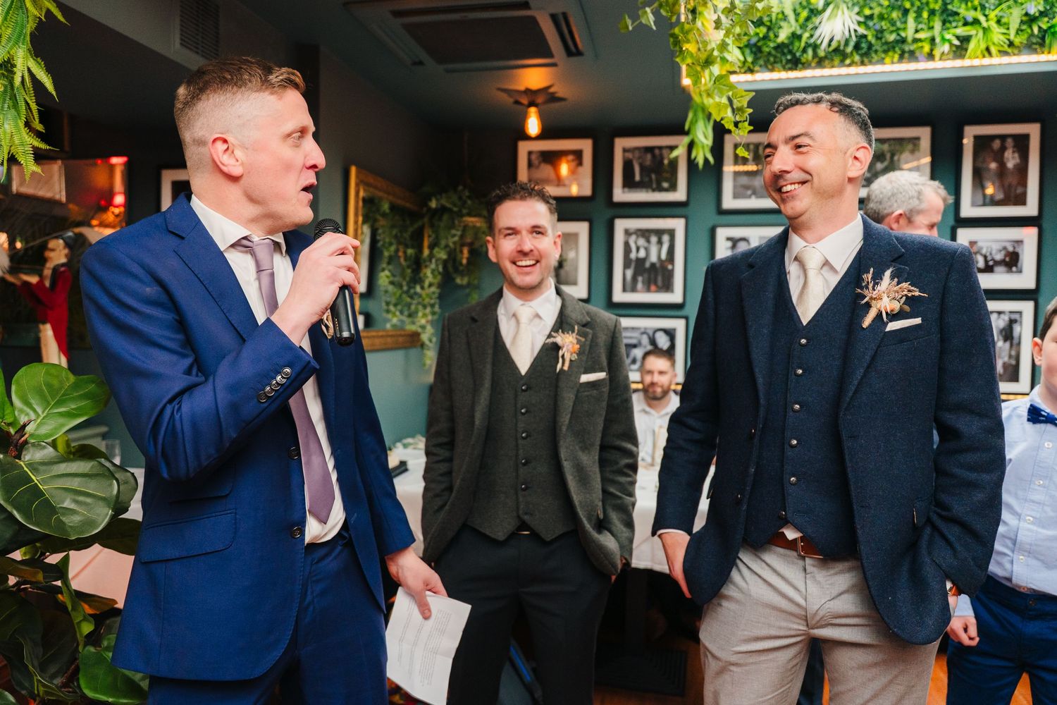 Wedding celebration candid shots showing laughter and joy in restaurant setting.
