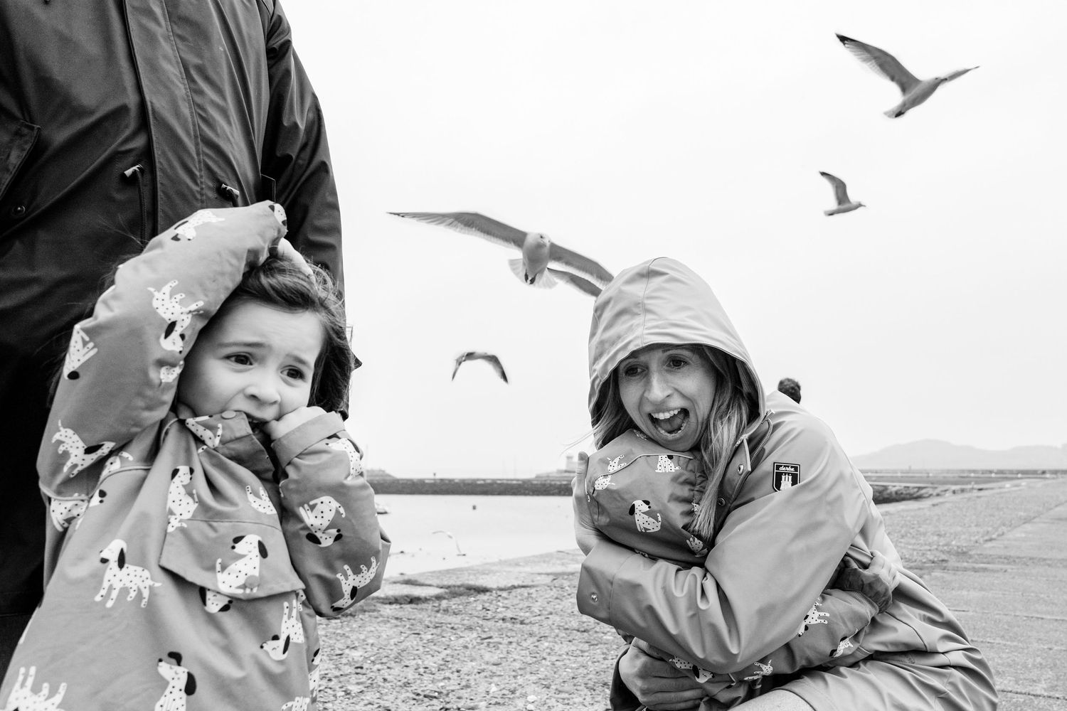 A black and white photo shows two people crouching at a beach while seagulls fly overhead. PHOTOGRAPHER Dublin
