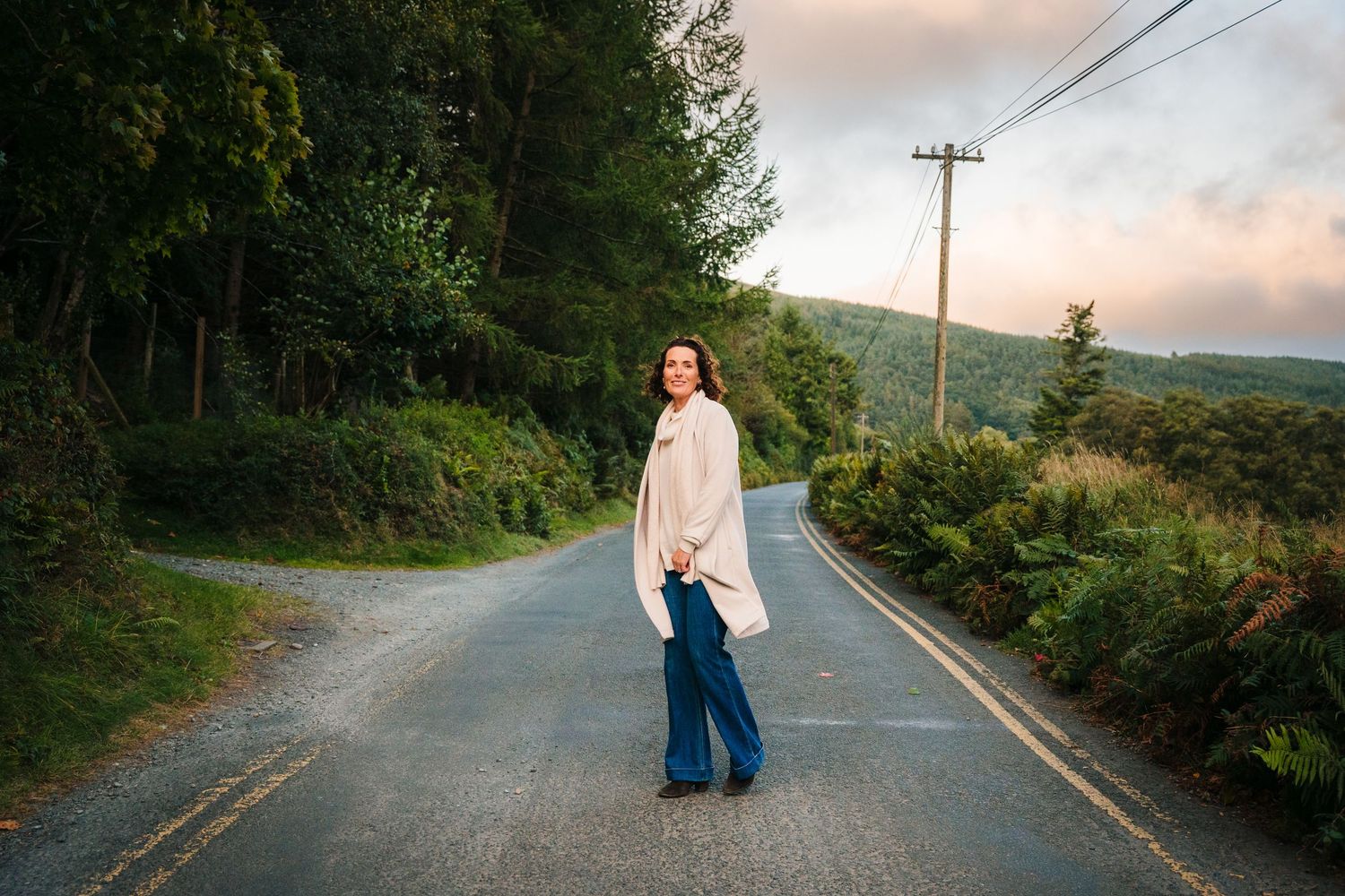 A series of connected photos showing someone walking down a rural road at sunset with a blue suitcase. Professional headshots dublin