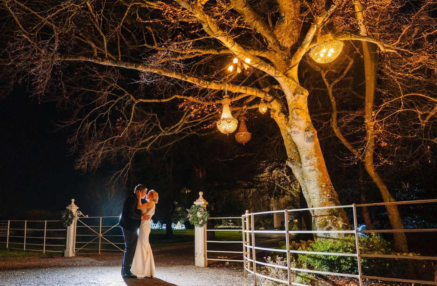 Wedding venue at night with trees illuminated by warm string lights creating a romantic atmosphere. Ballymagarvey Wedding photographer