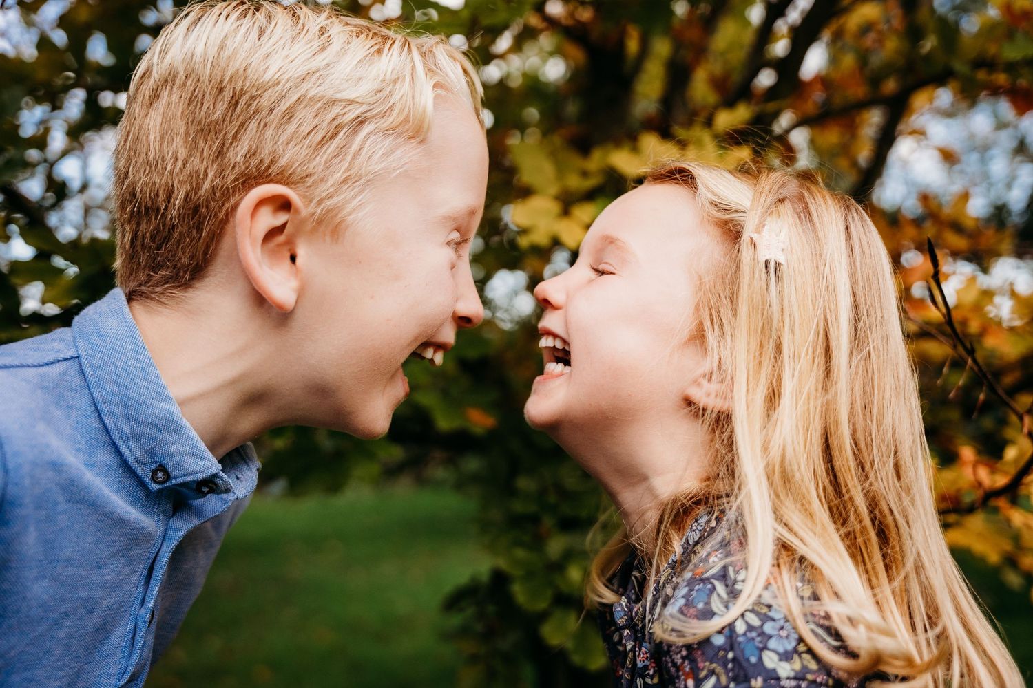 Two children sharing a joyful laugh together outdoors in autumn with golden leaves in the background. family PHOTOGRAPHER Dublin