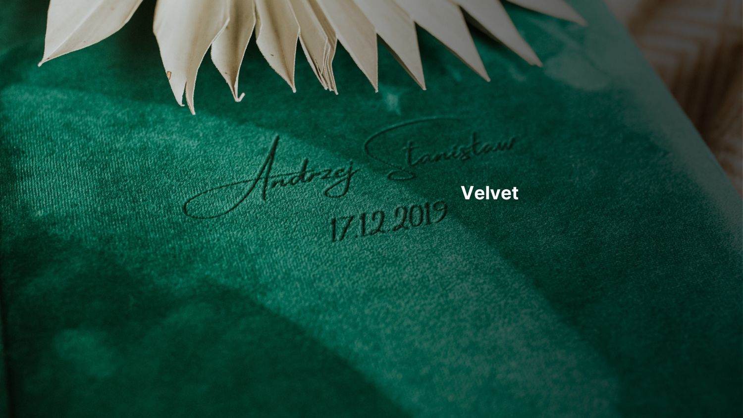 Green velvet wedding guest book personalized with names Andrey and Sunshine dated 17.12.2019.