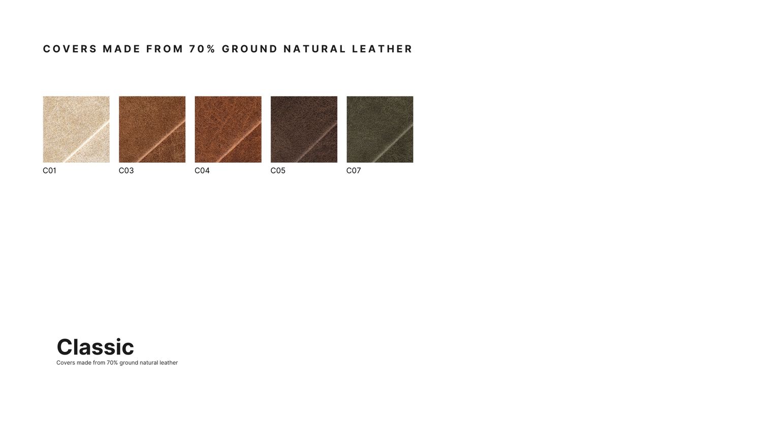 Swatches of Classic covers made from 70% ground natural leather in five earthy tones ranging from light tan to dark brown.