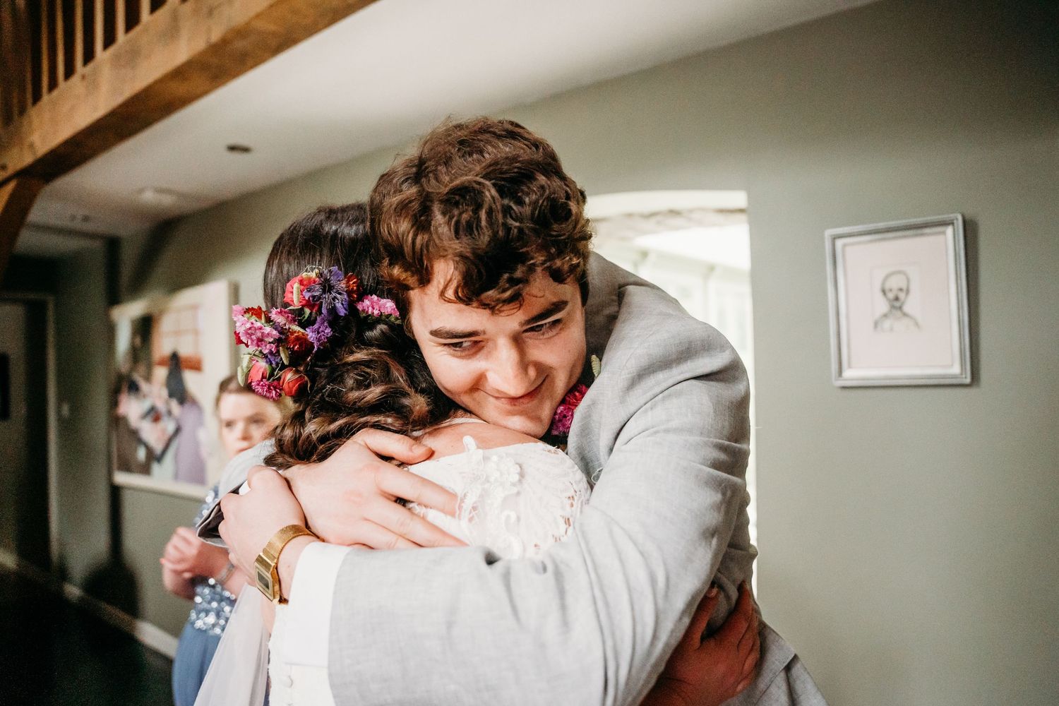 Emotional wedding moments captured in black and white photography showing tender embraces and reactions. Wedding photographer Dublin