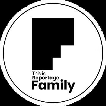 Circular black and white logo featuring a simple 'F' design with 'This is Reportage Family' text underneath. wedding photographer dublin