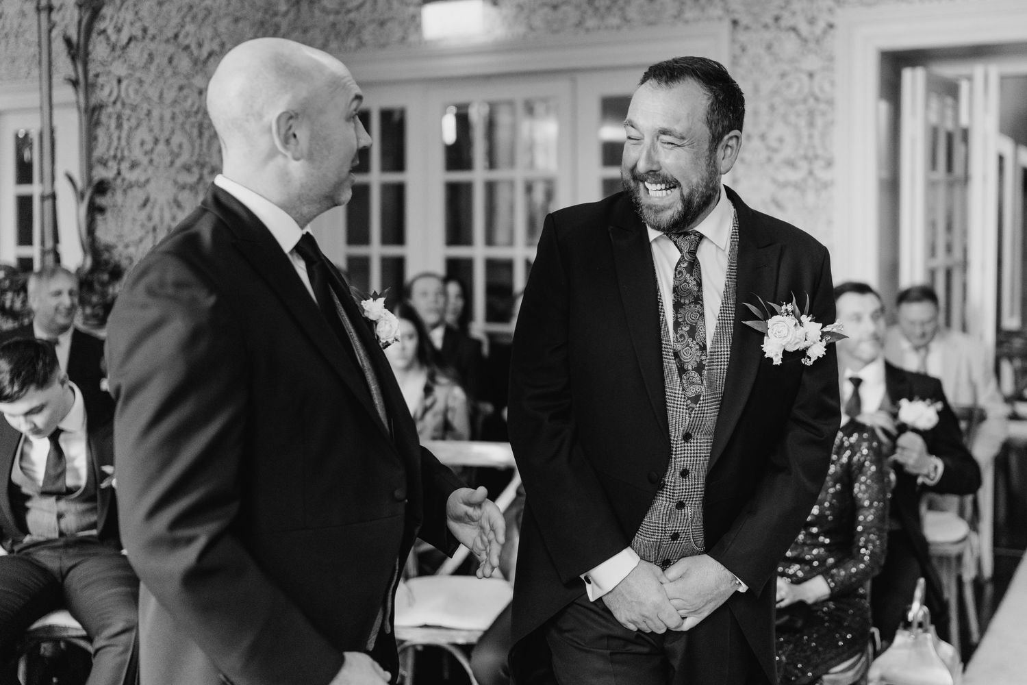 Wedding celebration captured in a series of candid black and white photographs showing joyful moments.  Virginia Park Lodge Wedding Photogra
