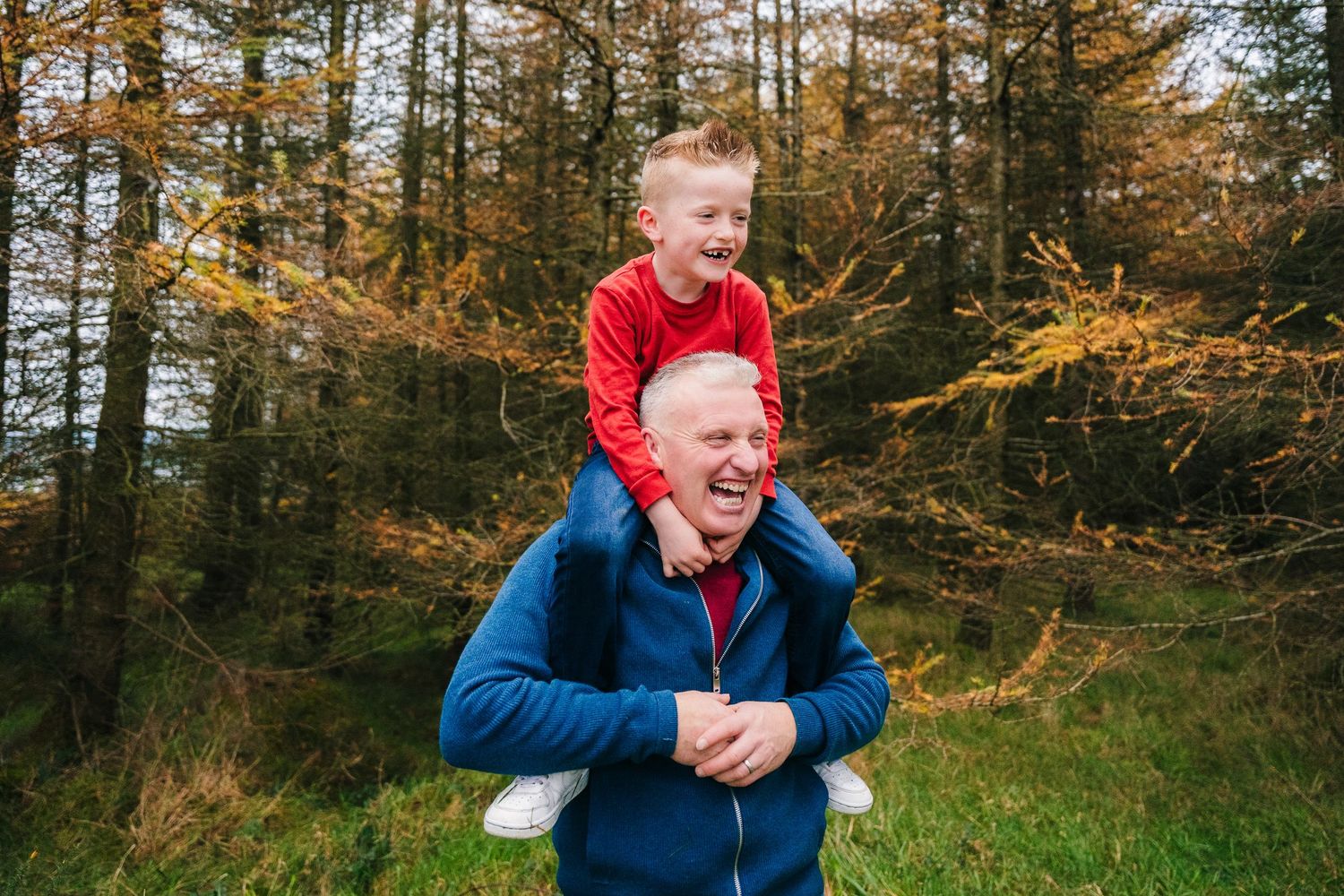 Family Photographer Dublin Ireland Playful family moments captured among autumn-colored pine trees in a forest setting.