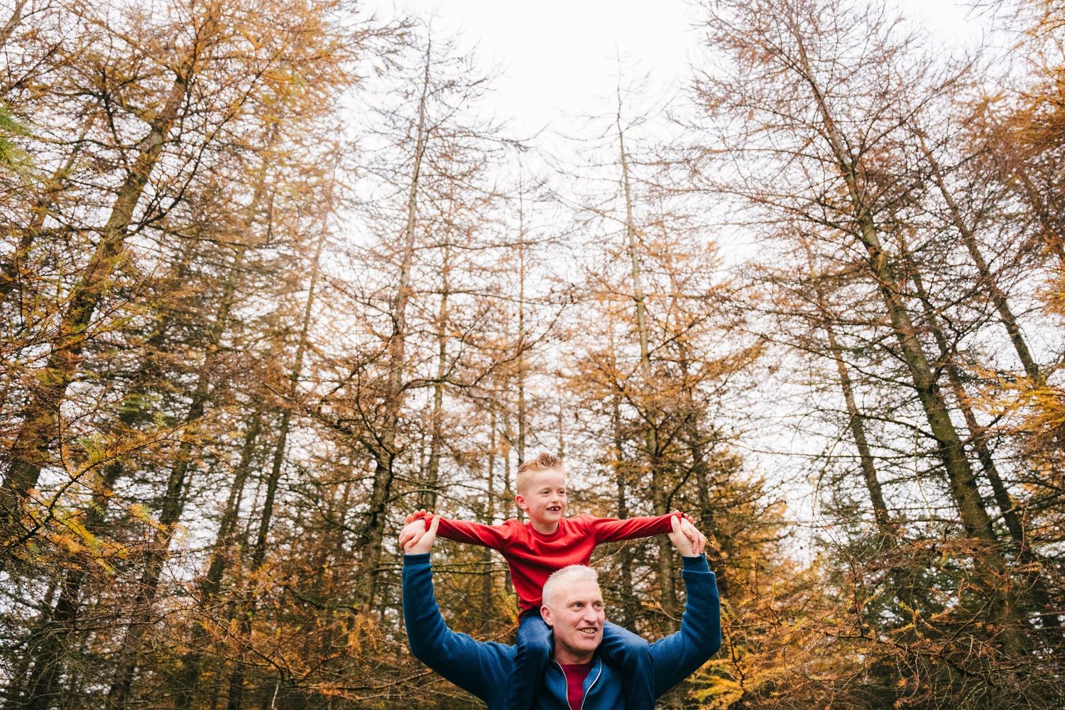 Family Photographer Dublin Ireland Tall autumn trees frame a joyful outdoor family photo session.
