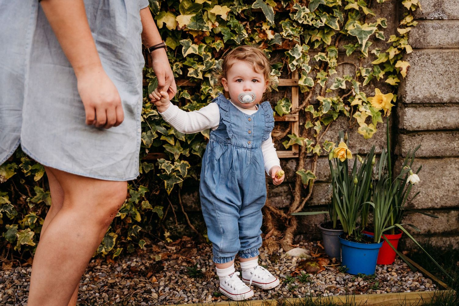 A small child in overalls holding an adult's hand stands in front of an ivy-covered wall with a potted plant nearby. family PHOTOGRAPHER Dub
