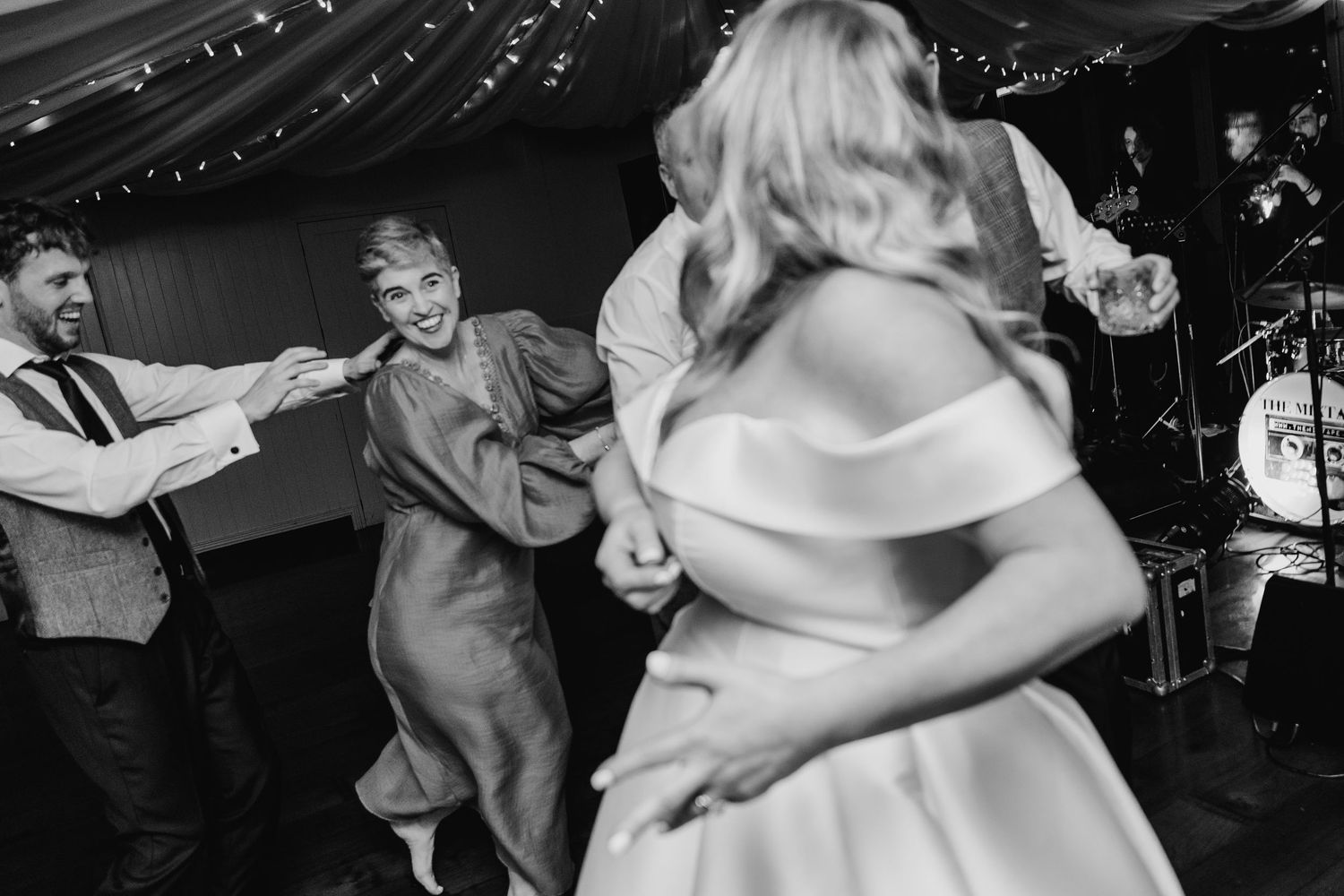 Black and white shot of couples dancing at an elegant wedding reception.  Virginia Park Lodge Wedding Photographer Cavan Dublin Ireland