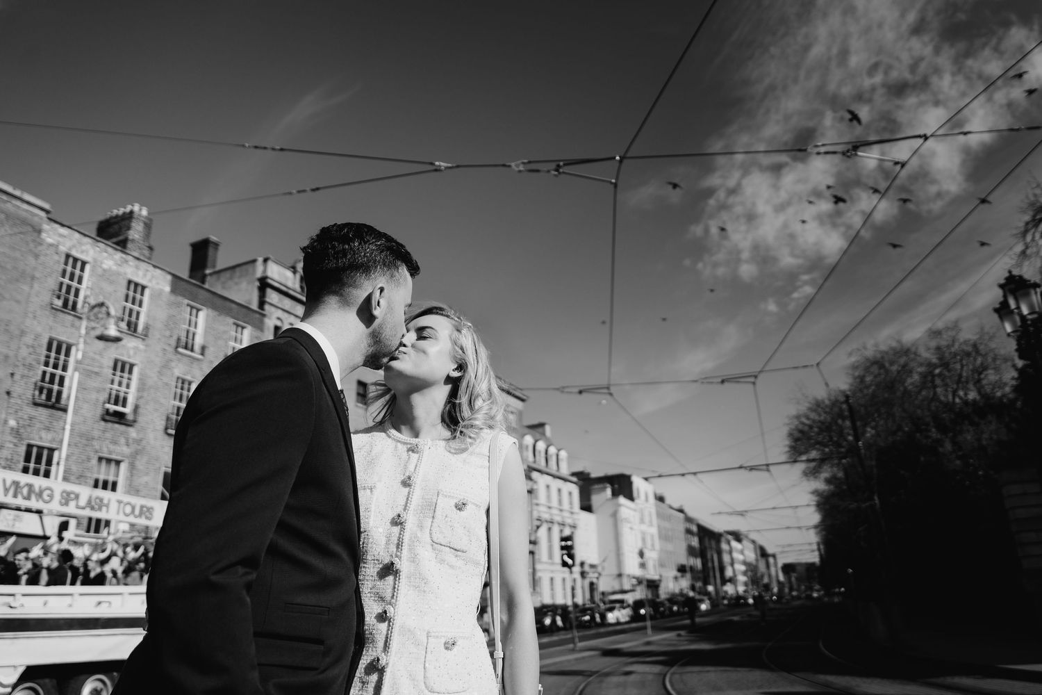 Black and white urban street photography in Dublin with dramatic sky and architecture. City Hall Dublin wedding photogrAPher