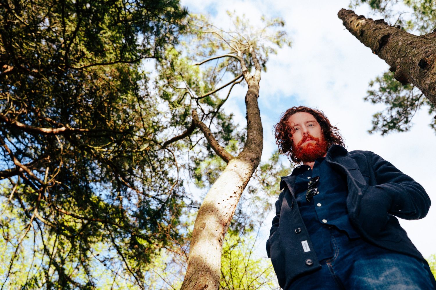 Low angle shot looking up at denim jacket against tall trees and blue sky. PHOTOGRAPHER Dublin