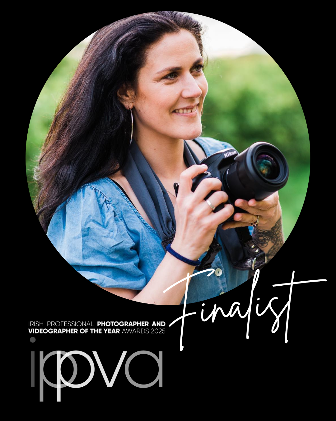 Profile shots of a photographer using a professional camera against a green natural background.