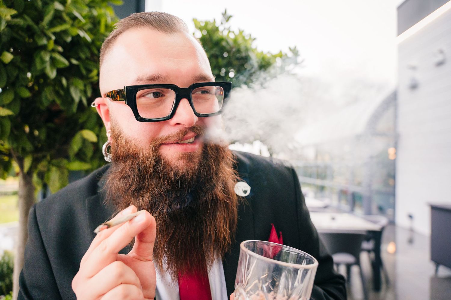 Collage of person with long beard enjoying whiskey drinks while examining and smelling the beverages at a tasting. Wedding PHOTOGRAPHER Dubl