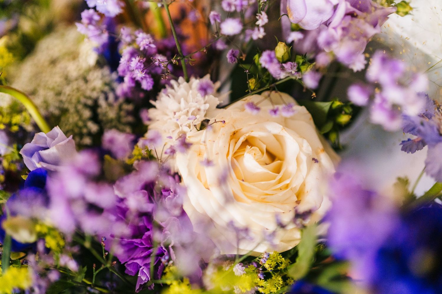 Delicate floral arrangement featuring cream roses and purple flowers in soft focus bokeh lighting effect. Millhouse slane wedding photograph