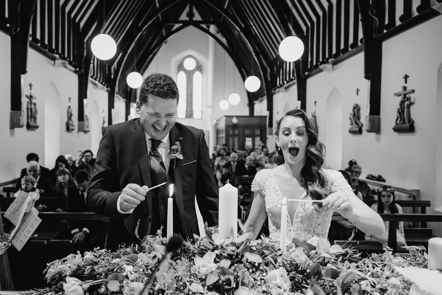 Black and white wedding reception photos showing guests dining and celebrating at elegantly decorated tables. Wedding photographer dublin