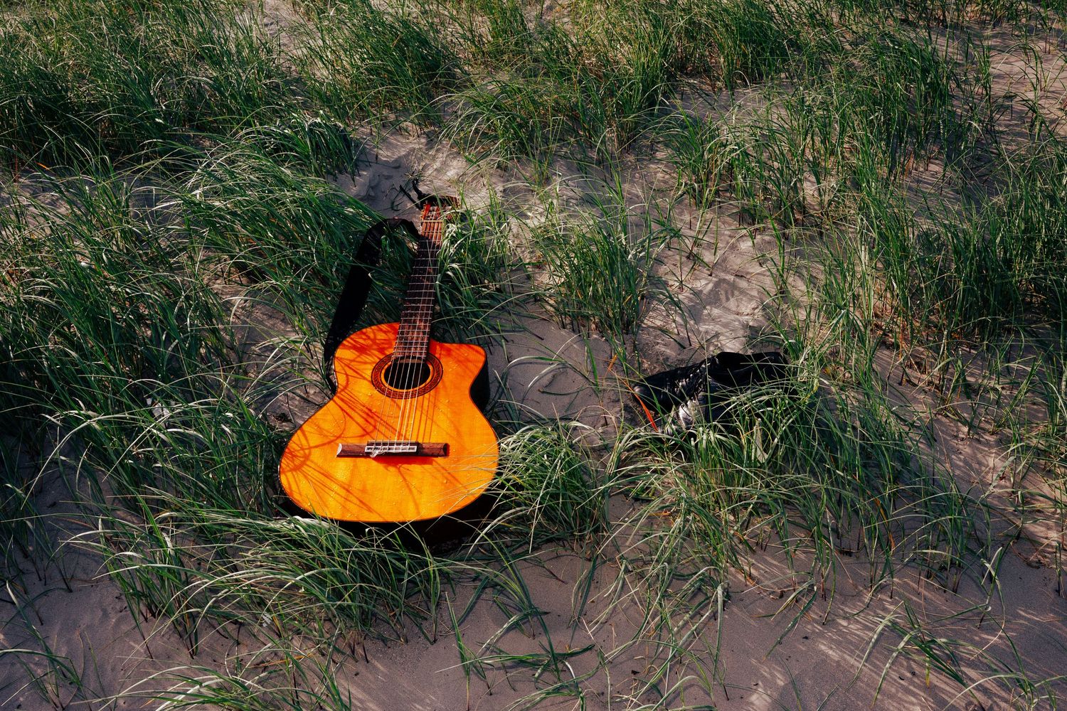 An acoustic guitar with bright orange finish lies on sandy ground surrounded by green grass and natural light. PHOTOGRAPHER Dublin