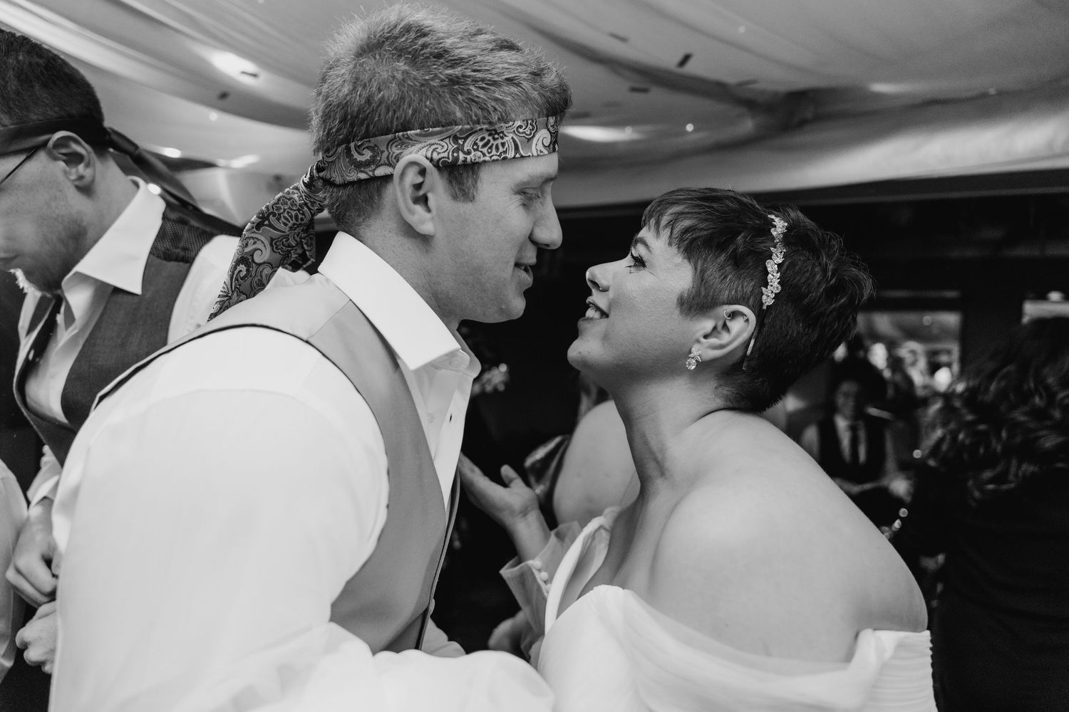 Millhouse slane wedding photographer dublin A romantic moment captured in black and white during wedding reception celebrations.