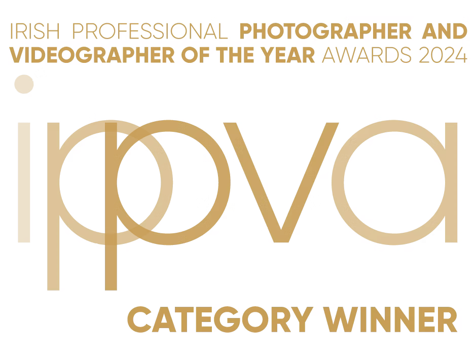 Gold text logo design for Irish Professional Photographer and Videographer Awards 2024 category winner badge. wedding photographer dublin