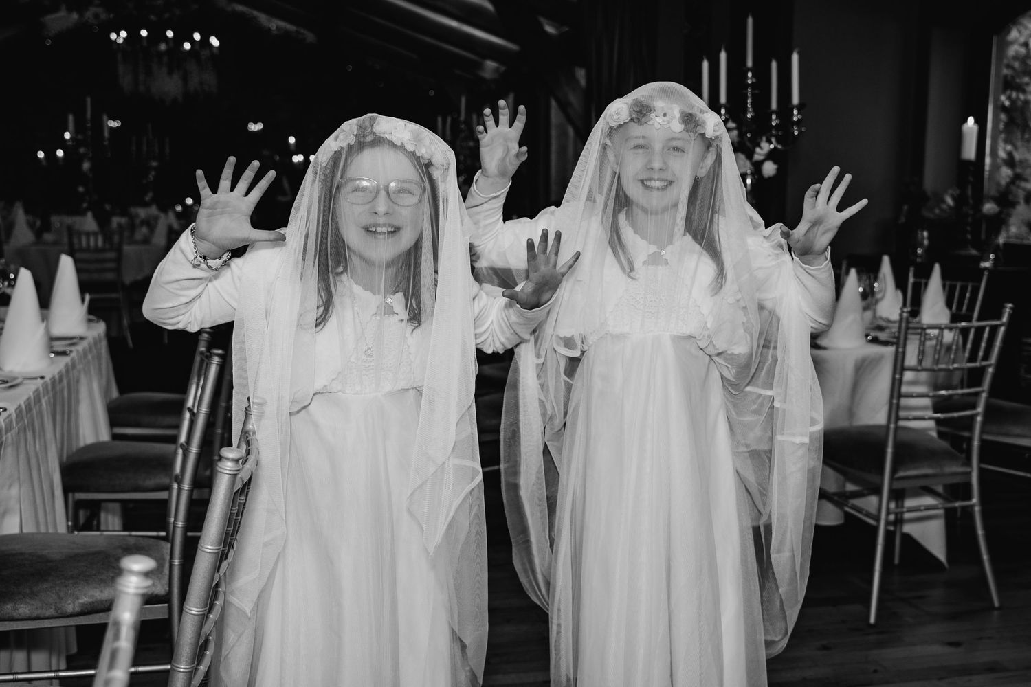 A series of black and white photos showing wedding party members in formal attire posing together. Wedding photographer dublin