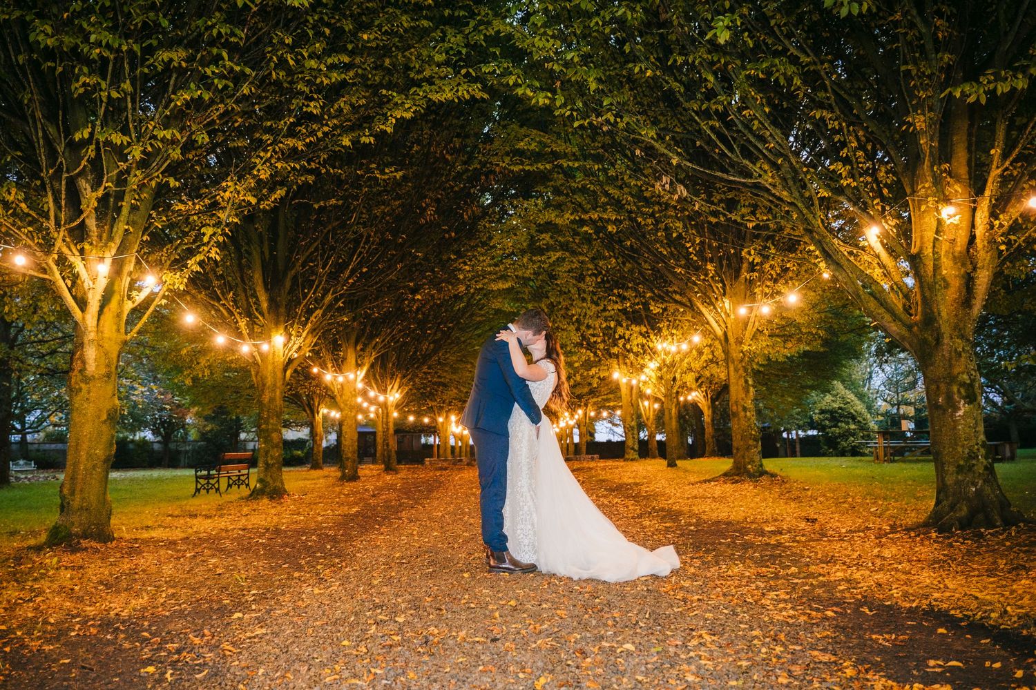 Romantic nighttime wedding photos under illuminated trees with autumn leaves creating a magical atmosphere.